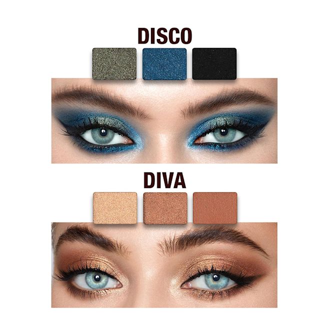 The Icons Palette blue and gold look on model with blue eyes close-up Close-up of two eye looks on models with blue eyes, one a shimmery, teal, royal blue, and ice blue eye look and the other a shimmery gold, bronze, and champagne one.