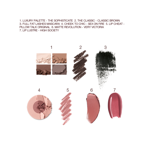The Sophisticate kit for fair, light and medium swatches Swatches of a quad eyeshadow palette in shades of brown, grey, and gold, brown eyeliner, black mascara, two-tone blush in medium brown and dusty pink, lip liner in nude pink, lipstick in nude pink, and lip gloss in berry-pink.