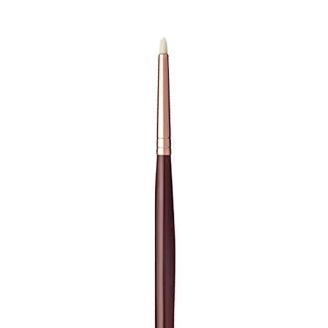 Close-up of an eyeliner brush with white-coloured brsitles with a rose-gold and dark crimson handle. 