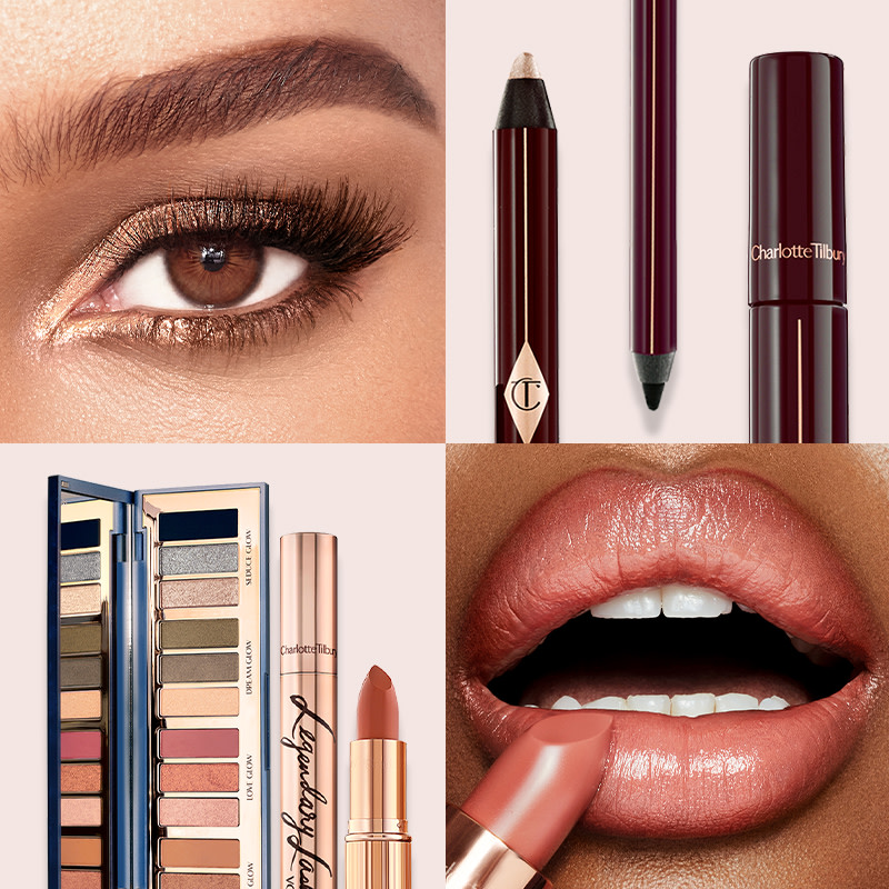 A collection of four images that show a close-up of a brown-eyed model wearing shimmery gold eyeshadow, eyeliner, mascara and eyeshadow sticks, eyeshadow palettes, mascara, and lipstick, and a close-up of a deep-tone model applying a peach-pink lipstick.