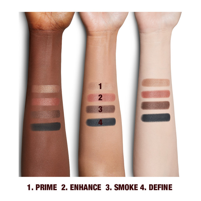 Fair, tan, and deep-tone arms with matte and shimmery eyeshadows in rose gold, chocolate brown, champagne, and black.