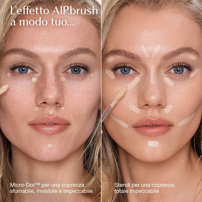 Infografica sui metodi di applicazione del correttore Airbrush Flawless Concealer Confronto tra due metodi di applicazione del correttore: la tecnica Micro-Dot™ per una coprenza dall'effetto sfumato invisibile a sinistra e la tecnica Swipe per una coprenza totale a destra.