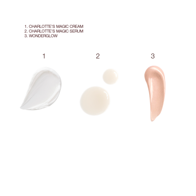 Beauty Secrets Glowing Skin Kit swatches Swatches of a pearly-white face cream, glowy ivory-coloured serum, and glowy pink-beige-coloured face primer.