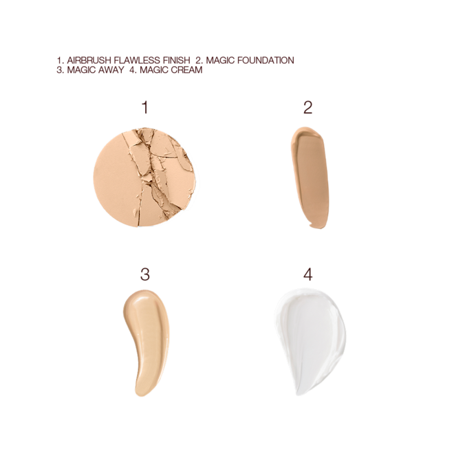 Flawless Finish Skin kit swatches Swatches of a pressed powder in light beige, liquid foundation in light brown, liquid concealer in a light shade, and pearly-white face cream.