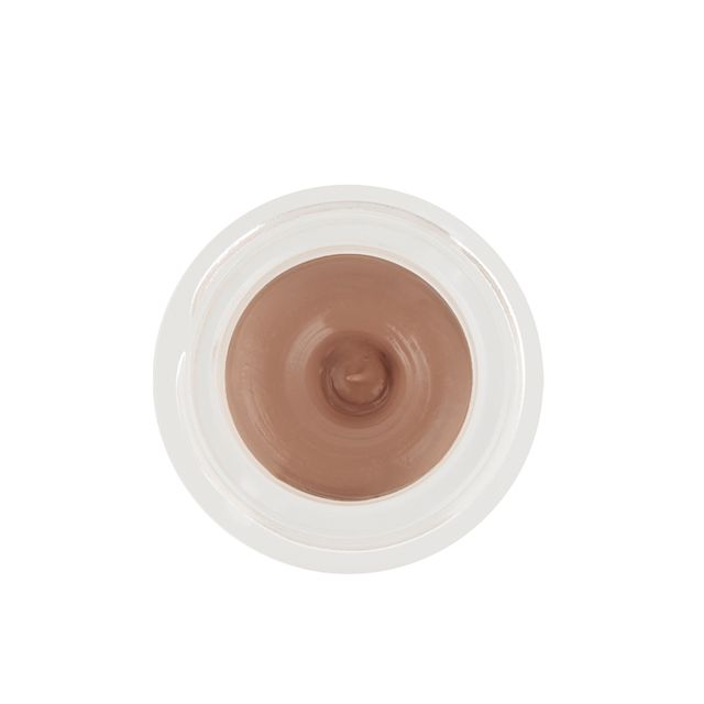 Eyes to Mesmerise in Flawless Beige without lid An open frosted glass pot with a cream eyeshadow in a dark beige shade.