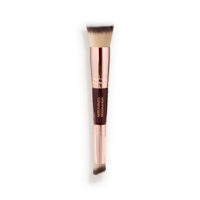 Synthetic Hollywood Complexion Contour Brush A double-ended contour brush with soft bristles and rose gold and dark crimson handle.