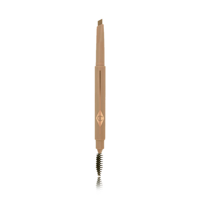 A double-ended eyebrow pencil and spoolie brush duo in a taupe shade with golden-taupe-coloured packaging 