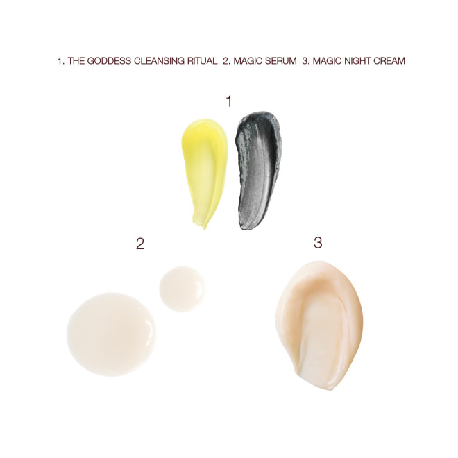 Swatches of two facial cleansers, one yellow and the other black, a cream-coloured facial serum, and a thick, dark champagne-coloured night cream. 