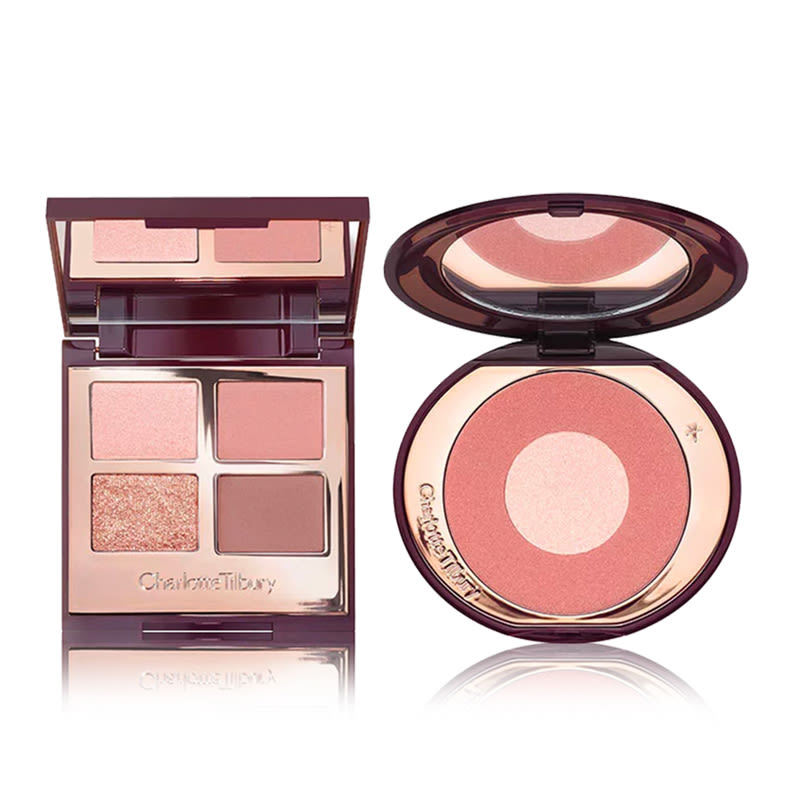 Pillow Talk Eye & Blush duo open An open, quad eyeshadow palette with matte and shimmery pink and brown shades and open two-tone blush in nude pink and champagne colours, both with mirrored-lids.