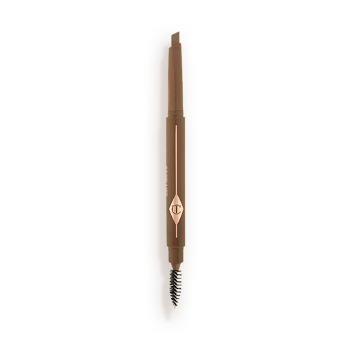 Brow Lift in Soft Brown open An open, double-ended eyebrow pencil and spoolie brush duo in a soft brown shade with soft-brown-coloured packaging
