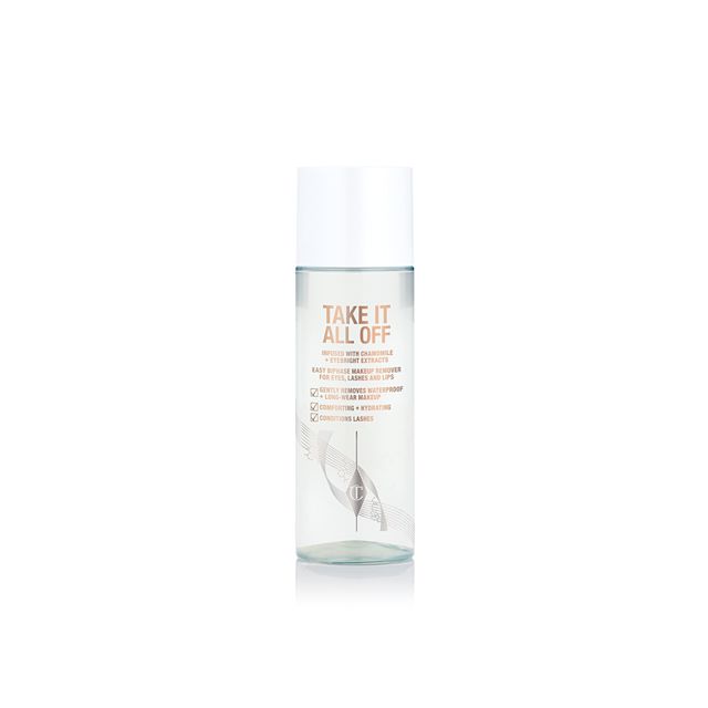 Take it all off makeup remover packshot for blog Makeup remover in a clear bottle with text on it that reads, 'Take it all off' with a white-coloured lid.