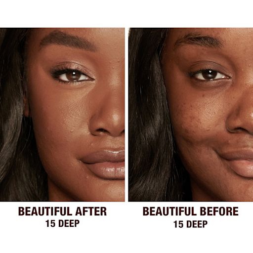 Beautiful Skin concealer in 15 on deep-tone model before and after Before and after of a deep-tone model without any makeup in the before shot and then wearing a radiant, concealer that brightens, covers blemishes, and makes her skin look fresh along with nude lip gloss and subtle eye makeup.