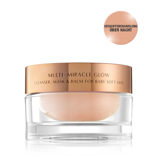 DE Miracle-Glow-Packshot A 3-in-1 face fawn-coloured cleanser, mask, and balm in a glass jar with gold-coloured lid.