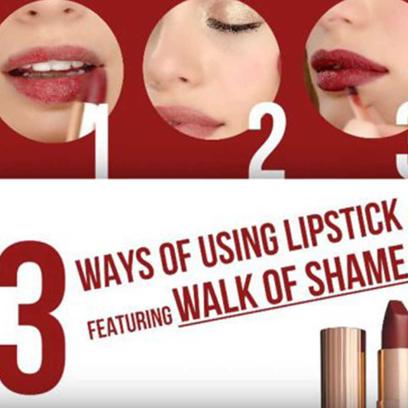 Banner with a light-tone model using a berry-pink lipstick as a blush, lipstick, and to line her lips along with text that reads, '3 ways of using lipstick featuring walk of no shame'. 