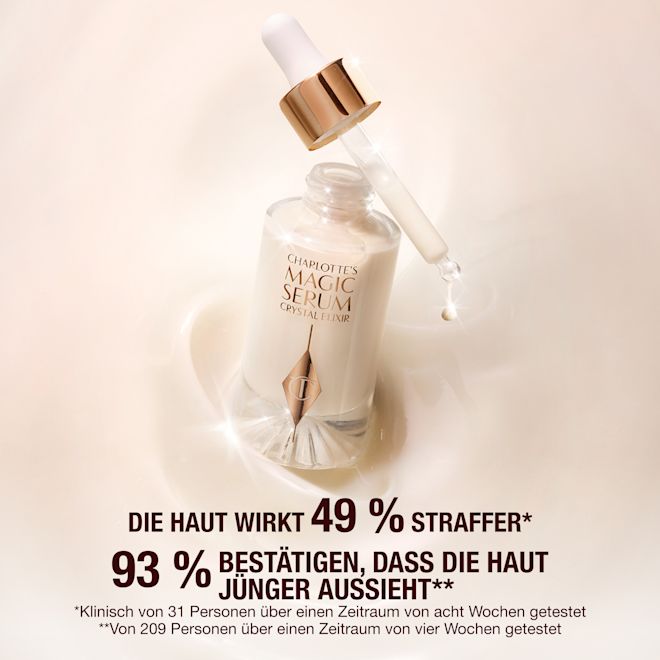 DE SERUM-STILL-2000x2000 Crystal Magic Serum in a clear, glass bottle with a glass dropper in rose-gold packaging.