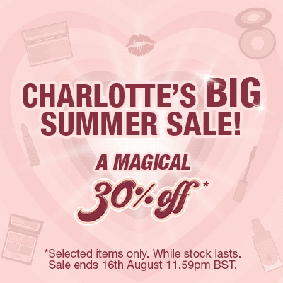 Pink colour banner with hearts in the background and text on the front that reads, 'Charlotte's BIG Summer Sale! A magical 30% off! Shop now'