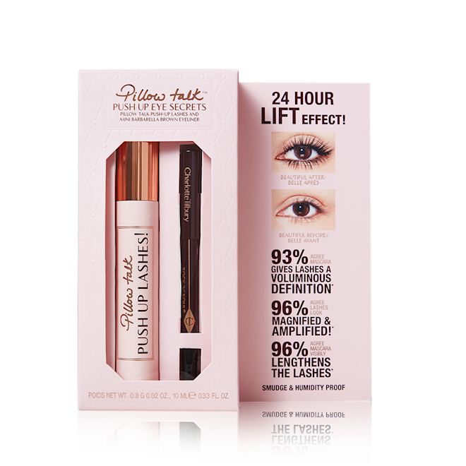 Pillow Talk Push Up Eye Secrets Kit packed A light pink box with a mascara in a nude pink tube with a gold-coloured lid with Pillow Talk push up lashes! written on the tube along with an eyeliner pencil in a dark brown shade.