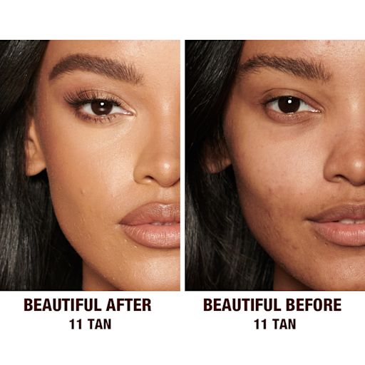 Beautiful Skin concealer in 11 on deep-tone model before and after Before and after of a deep-tone model without any makeup in the before shot and then wearing a radiant, concealer that brightens, covers blemishes, and makes her skin look fresh along with nude lip gloss and subtle eye makeup.