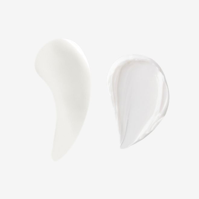 Glowing Skin and Plumper Looking Lips Swatches of a glowy, ivory-coloured primer and thick, pearly-white face cream.