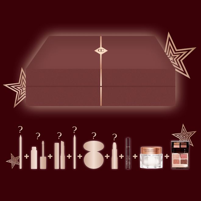 Icons Mystery box banner Banner with a brown-red-coloured gift box with illustrations of nine skincare and makeup mystery items that are included in it.
