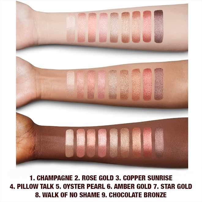 Eyes to Mesmerise arm swatches Fair, light, tan, and deep-tone arms with swatches of extremely pigmented cream eyeshadows with a metallic finish in shades of pink, gold, brown, peach, silver, purple, and bronze.