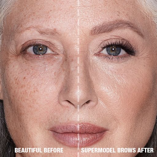 Brow Cheat in Taupe before and after on fair-tone model with grey eyes Before and after of a fair-tone model with grey eyes and mature skin with bare brows on one side and thick, filled, and lined eyebrows on the other side after applying a taupe-coloured eyebrow pencil.