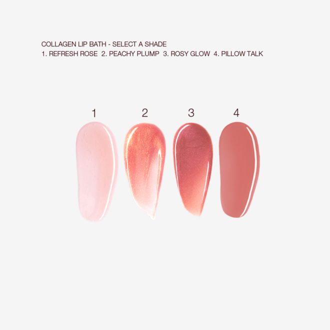 Collagen Lip Bath Kit swatches Swatches of four lip glosses in shades of light pink, coral-peach, rose-pink, and brown-pink colours.