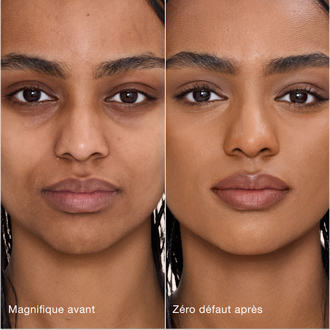 Avant/après Airbrush Flawless Concealer - 11 Tan (Medium à Foncé) Comparaison côte à côte de la peau avant et après l'application de l'Airbrush Flawless Concealer de Charlotte Tilbury, avec les étiquettes de texte « Magnifique avant » et « Zéro défaut après ».