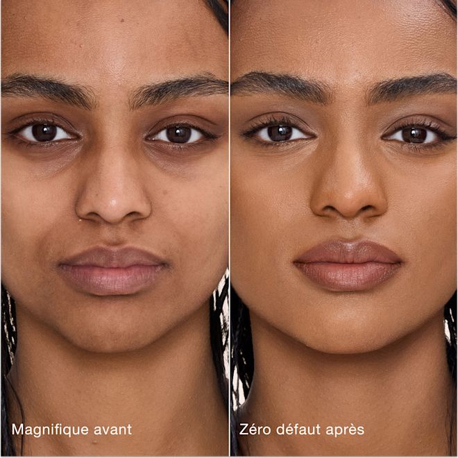 Avant/après Airbrush Flawless Concealer - 11 Tan (Medium à Foncé) Comparaison côte à côte de la peau avant et après l'application de l'Airbrush Flawless Concealer de Charlotte Tilbury, avec les étiquettes de texte « Magnifique avant » et « Zéro défaut après ».