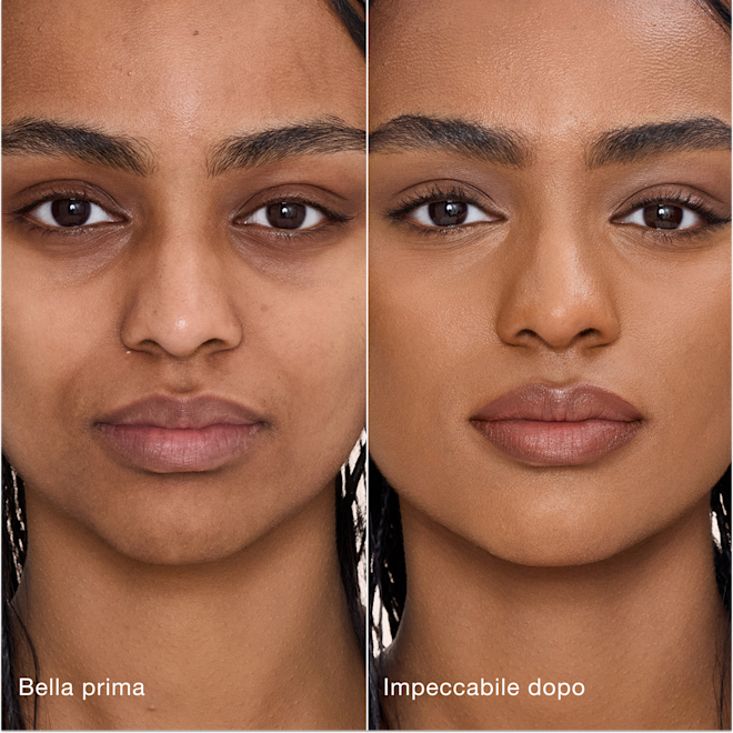 Airbrush Flawless Concealer - 11 Tan modella prima e dopo Confronto affiancato che mostra la pelle prima e dopo aver applicato il correttore Airbrush Flawless di Charlotte Tilbury, con le etichette di testo "Bella prima" e "Impeccabile dopo".