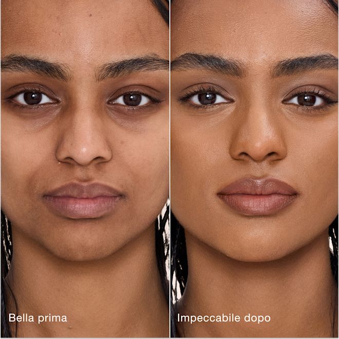 Airbrush Flawless Concealer - 11 Tan modella prima e dopo Confronto affiancato che mostra la pelle prima e dopo aver applicato il correttore Airbrush Flawless di Charlotte Tilbury, con le etichette di testo "Bella prima" e "Impeccabile dopo".