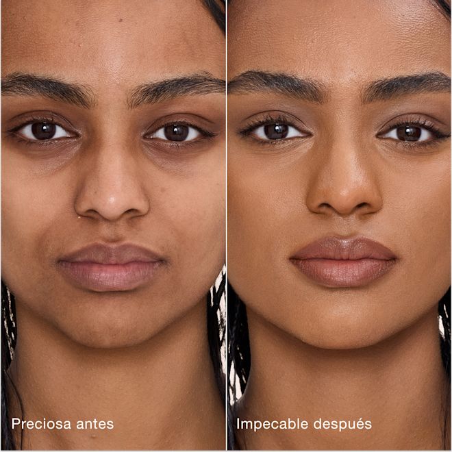 Antes y después de usar Airbrush Flawless Concealer en el tono 11 Tan Comparación paralela que muestra la piel antes y después de aplicar el corrector Charlotte Tilbury Airbrush Flawless Concealer con las etiquetas de texto «Preciosa antes» y «Perfecta después».