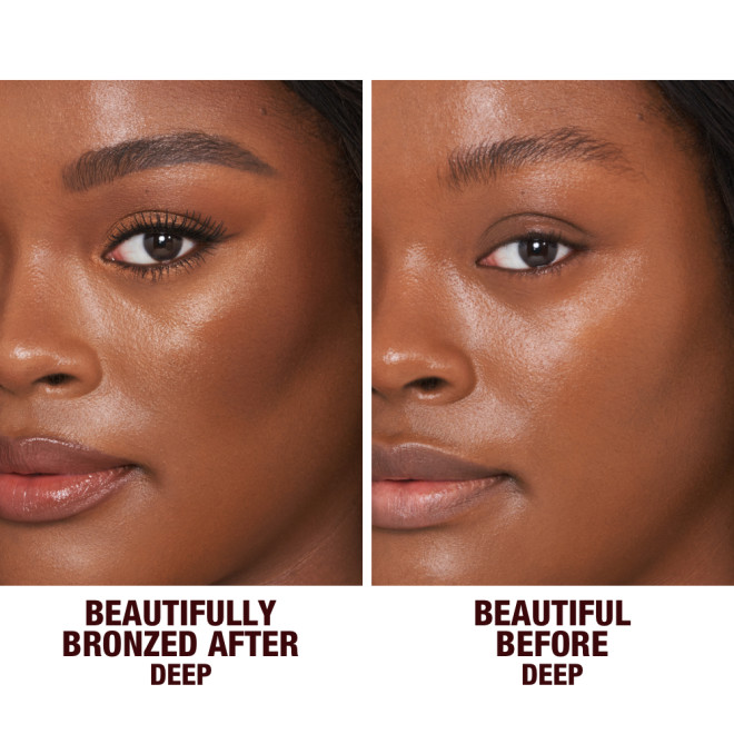 Before and after of a deep-tone brunette model without any makeup on one side and the same model wearing medium pink lip gloss with glowy, cream bronzed for a sculpted yet natural makeup look.