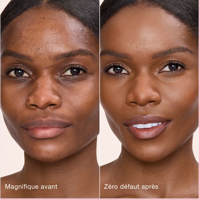 Avant/après Airbrush Flawless Concealer - 13.5 Deep (Foncé) Comparaison côte à côte de la peau avant et après l'application de l'Airbrush Flawless Concealer de Charlotte Tilbury, avec les étiquettes de texte « Magnifique avant » et « Zéro défaut après ».
