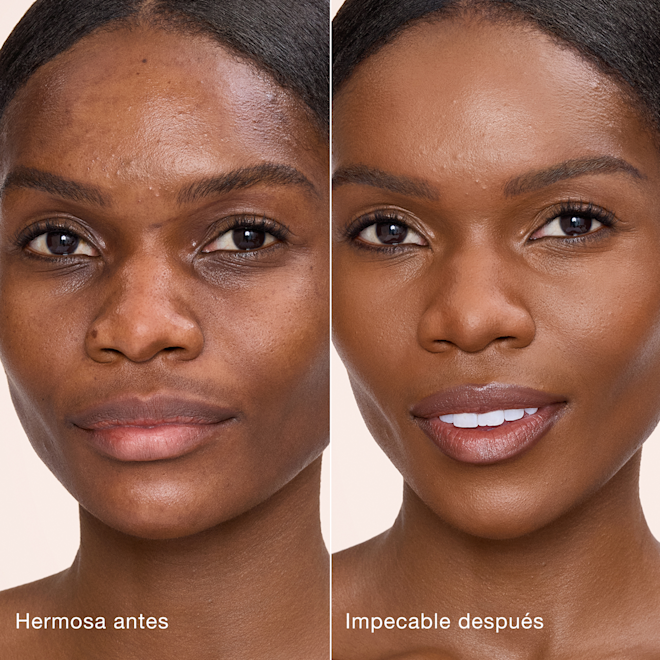 Antes y después de usar Airbrush Flawless Concealer en el tono 13.5 Deep Comparación paralela que muestra la piel antes y después de aplicar el corrector Charlotte Tilbury Airbrush Flawless Concealer con las etiquetas de texto "Preciosa antes", "Impecable después".