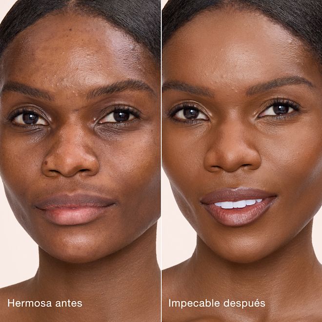 Antes y después de usar Airbrush Flawless Concealer en el tono 13.5 Deep Comparación paralela que muestra la piel antes y después de aplicar el corrector Charlotte Tilbury Airbrush Flawless Concealer con las etiquetas de texto "Preciosa antes", "Impecable después".