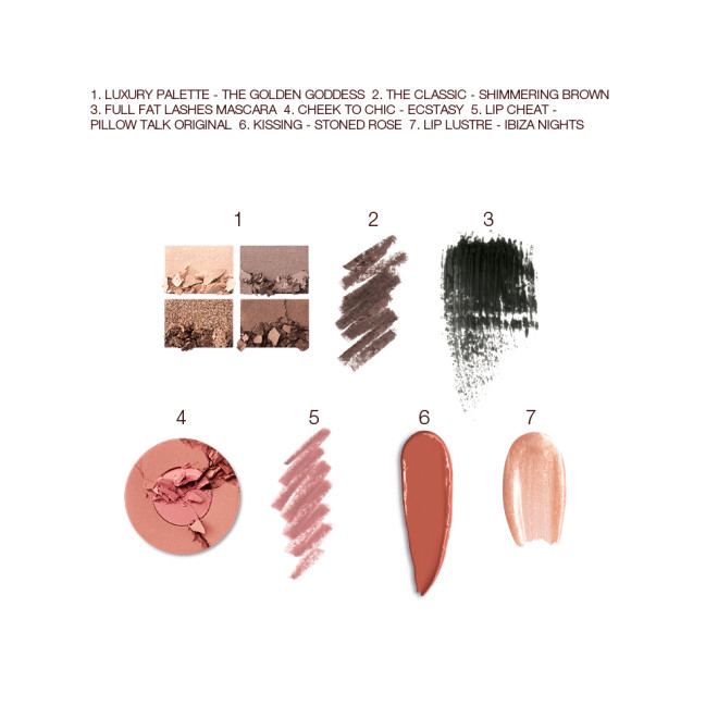 Swatches of a quad eyeshadow palette in shades of brown and gold, brown eyeliner, black mascara, two-tone blush in light brown and warm pink, lip liner in nude pink, lipstick in redwood, and lip gloss in sheer golden pink. 