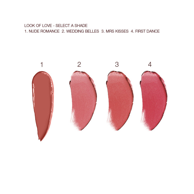 Swatches of a satin-finish lipstick in a terracotta shade and three matte lipsticks in shades of nude pink, coral-pink, and medium-pink colours. 