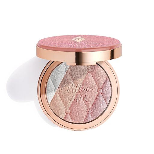 Pillow Talk Multi-Glow highlighter in Romance Light open An open, pressed powder highlighter compact, with a mirrored-lid, in various shades of pink and gold for cool-tone complexions.