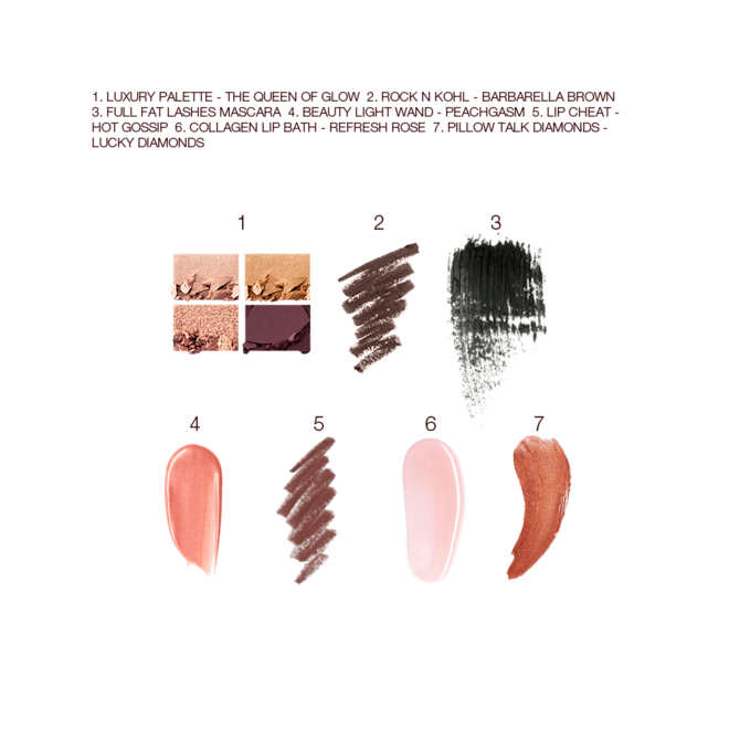 The Queen of Glow kit swatch Swatches of a quad eyeshadow palette in shades of brown, pink, and gold, brown eyeliner, black mascara, liquid highlighter in rose-gold, lip liner in taupe-brown, lipstick lip balm in sheer pink, and lip gloss in terracotta.