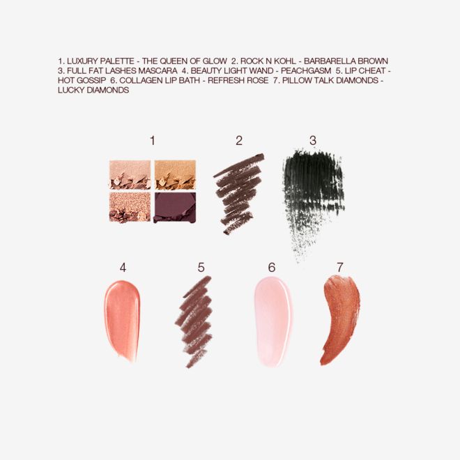 The Queen of Glow kit swatch Swatches of a quad eyeshadow palette in shades of brown, pink, and gold, brown eyeliner, black mascara, liquid highlighter in rose-gold, lip liner in taupe-brown, lipstick lip balm in sheer pink, and lip gloss in terracotta.