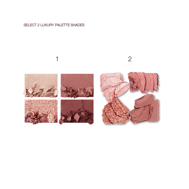 Luxury Palette bundle swatches Swatches of two, quad eyeshadow palettes, one with shimmery and matte golden and brown shades and the other with shimmery and matte pink, gold, and brown shades.