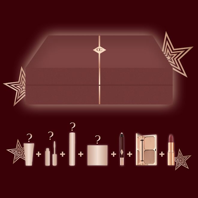 Day to Disco Mystery Box banner Banner with a brown-red-coloured gift box with illustrations of seven skincare and makeup mystery items that are included in it.