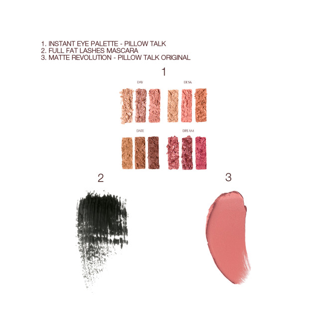Swatches of shimmery and matte eyeshadows in shades of pink, peach, and brown, and swatches of a black mascara and a nude pink lipstick. 