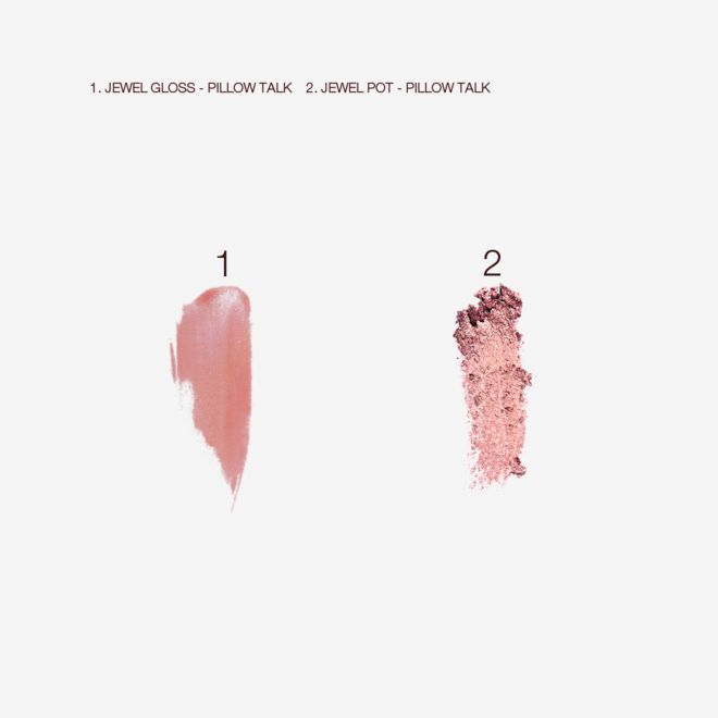 Jewel Pots and Lips in Pillow Talk swatches Swatches of a shimmery nude-pink lip gloss and shimmery eyeshadow in a nude-pink shade.