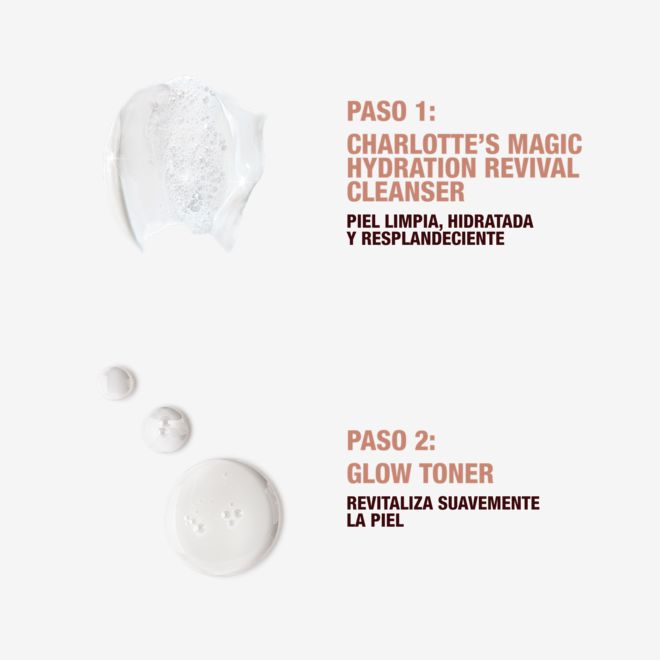 MAGIC-CLEANSER-GLOW-TONER-TEXTURE 3 Step 1 Charlotte's Magic Hydration revival cleanser to cleanse, hydrate and glow.
Step 2 glow toner gently resurfaces the feel of the skin