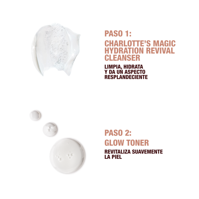 MAGIC-CLEANSER-GLOW-TONER-TEXTURE 3 Step 1 Charlotte's Magic Hydration revival cleanser to cleanse, hydrate and glow.
Step 2 glow toner gently resurfaces the feel of the skin