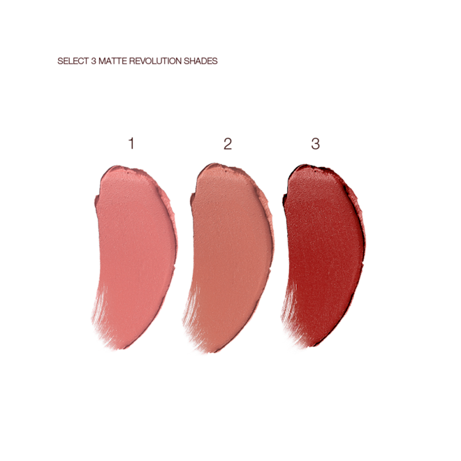 Matte Revolution lipstick swatches Swatches of three matte lipsticks in nude pink, terracotta, and wine shades.