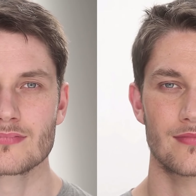Before and after of a fair-tone male model wearing berry-pink lipstick with smoothing and glowy foundation. 