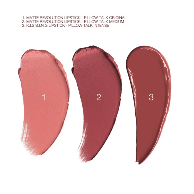 Swatches of two matte lipsticks in shades of nude pink and berry-rose, and a brown-pink lipstick with a satin finish. 